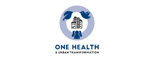 Logo des One Health Forschungskollegs. In der Kreismitte sind Häuser abgebildet, auf dem Kreis selbst ein Blatt, eine Menschengruppe und ein Vogel.
