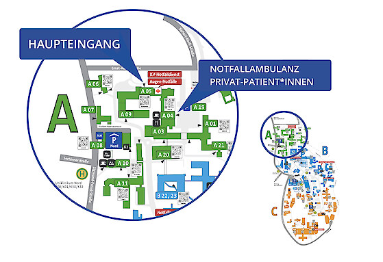 Augenklinik Lageplan mit den Eingängen